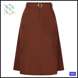High Waist A-Line Corduroy Midi Skirt Elastic Back Belted Winter Fall